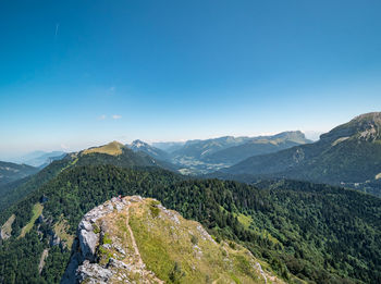 Scenic view of mountains against clear blue sky