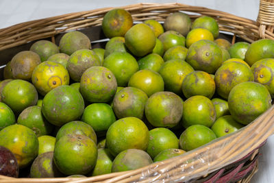 High angle view of fruits in basket at market stall