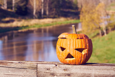 Pumpkin on wooden table during halloween