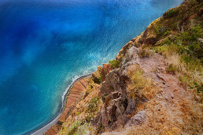 High angle view of sea by cliff