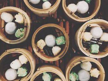 High angle view of eggs in basket