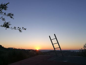 Ladder by roof against clear sky