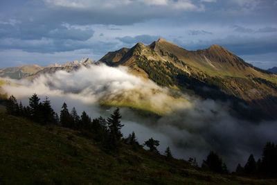 Scenic view of mountains against cloudy sky