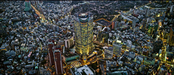 High angle view of modern buildings in city