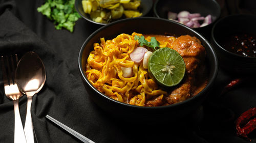 High angle view of food in cooking pan