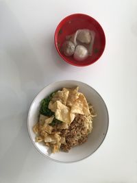 High angle view of breakfast served on table