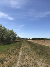 Empty road amidst field against sky