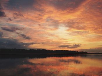 Scenic view of lake against cloudy sky during sunset