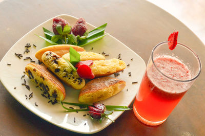 High angle view of breakfast served on table