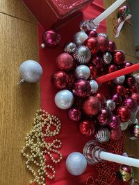 High angle view of christmas decorations on table