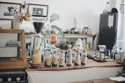 Close-up of glasses on table at home