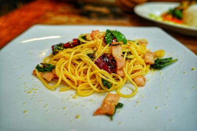 Close-up of noodles served in plate