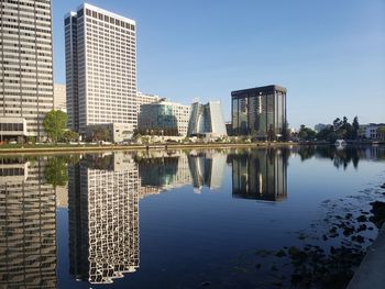 Reflection of buildings in lake against clear sky