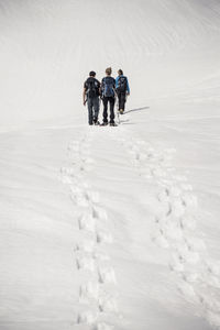 Rear view of trekkers on snow