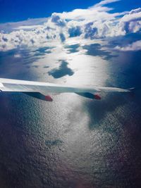 Aerial view of airplane wing against sky