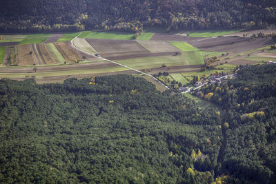 High angle view of road amidst trees on field