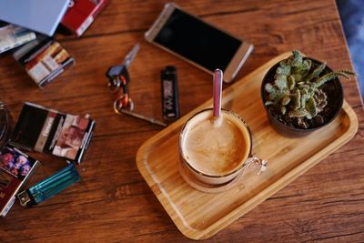 High angle view of coffee on table