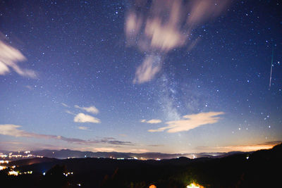 Scenic view of mountains against sky at night