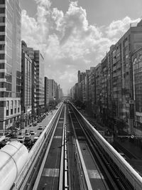 Railroad tracks amidst buildings in city against sky