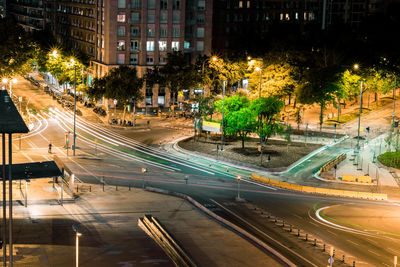 High angle view of light trails on city street