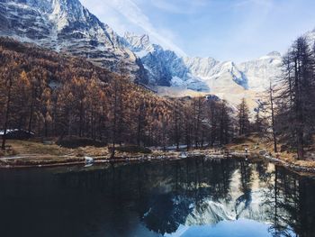 Reflection of mountains and trees on lake against sky