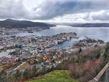 High angle view of buildings in city against sky