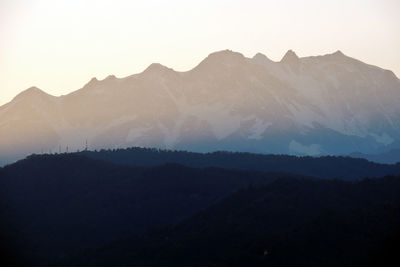 Scenic view of silhouette mountains against clear sky
