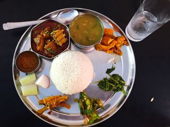 High angle view of meal served on table