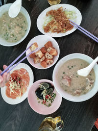 High angle view of food served on table