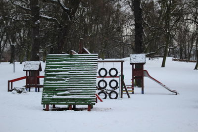 Built structure on snow covered trees