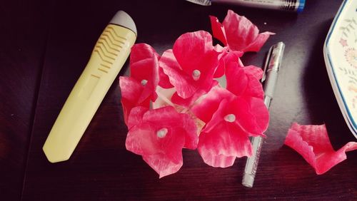 High angle view of red flowers on table