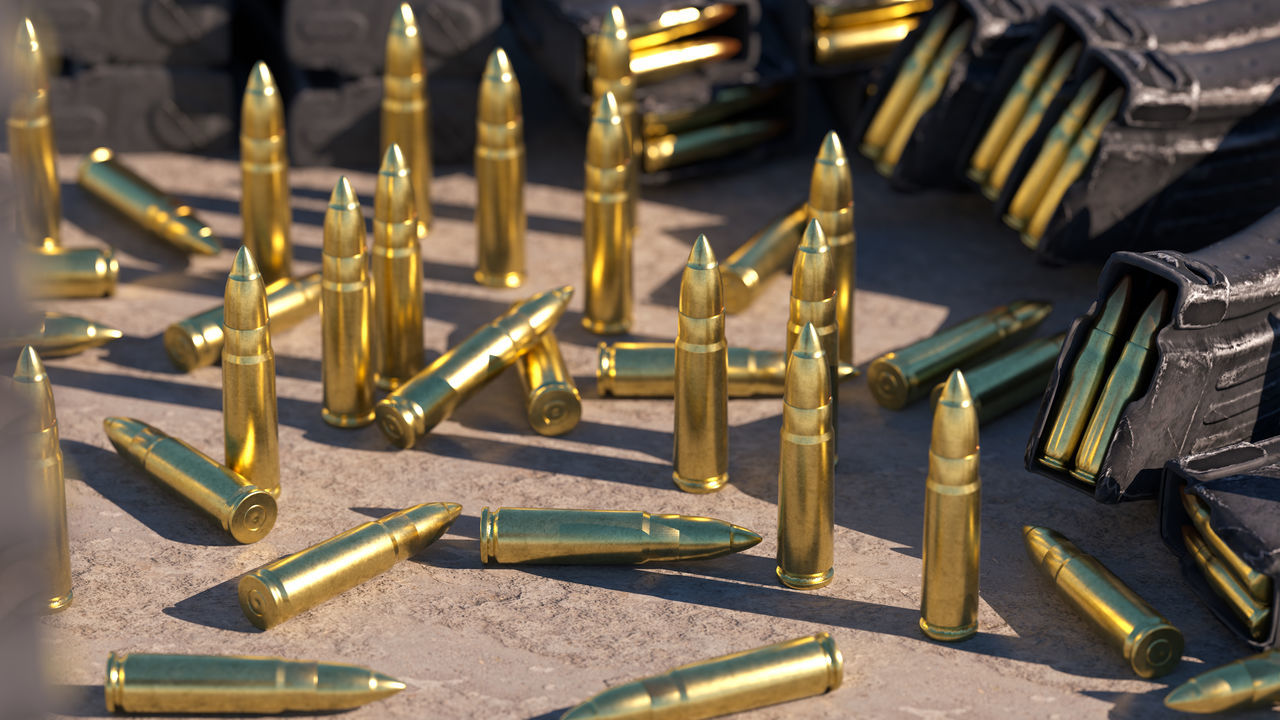 firearm, ammunition, weapon, metal, bullet, gold, large group of objects, gun, work tool, no people, iron, military