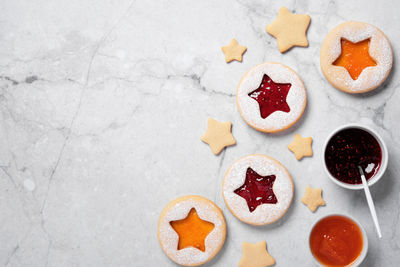 High angle view of cookies on table