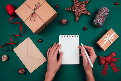 High angle view of christmas ornaments on table