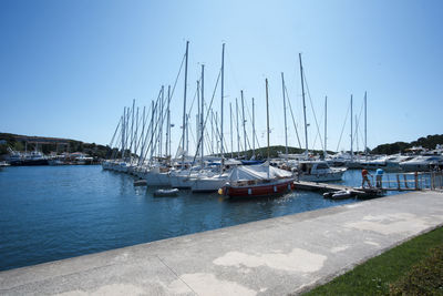 Sailboats moored in harbor