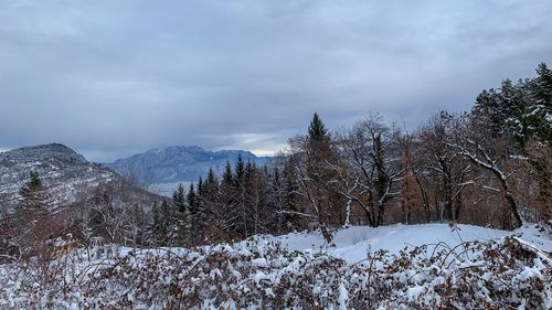 Scenic view of snowcapped mountains against sky