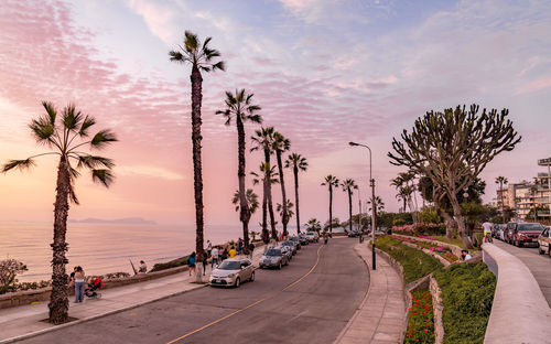 Cars on road by sea against sky during sunset