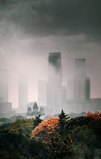 Trees and buildings against cloudy sky