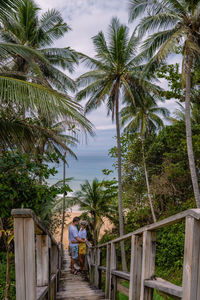 Man standing by palm trees against sky