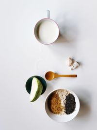 High angle view of breakfast on white background