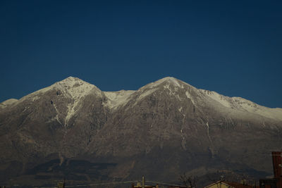 Scenic view of snowcapped mountains against clear blue sky