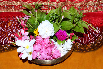 High angle view of roses on table