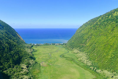 Scenic view of sea against clear blue sky