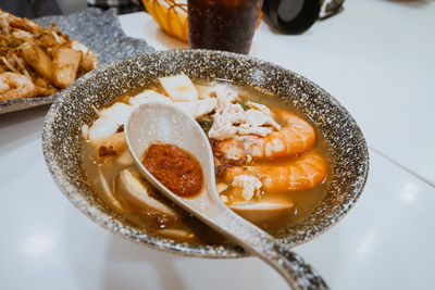 High angle view of dessert in plate on table