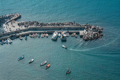 High angle view of boats moored on sea