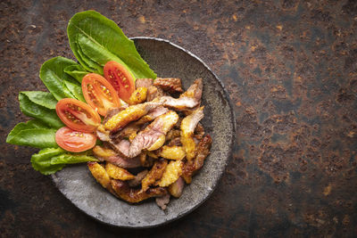 High angle view of pasta in plate on table