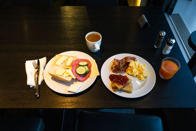 High angle view of breakfast served on table