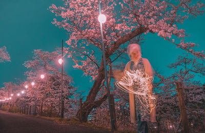 Low angle view of woman holding illuminated tree at night