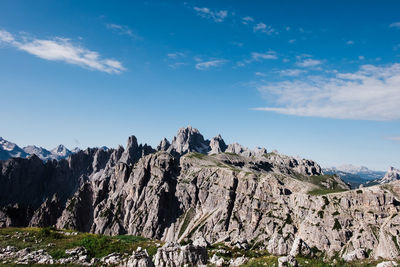 Scenic view of mountains against blue sky