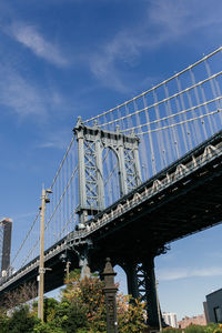 Low angle view of suspension bridge against cloudy sky